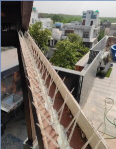 Polycarbonate bird spikes installed on a balcony railing to stop bird roosting.